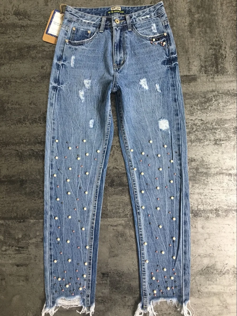 FREE SHIPPING Woman Vintage Sequins Ripped Boyfriend Jeans JKP3647 ...