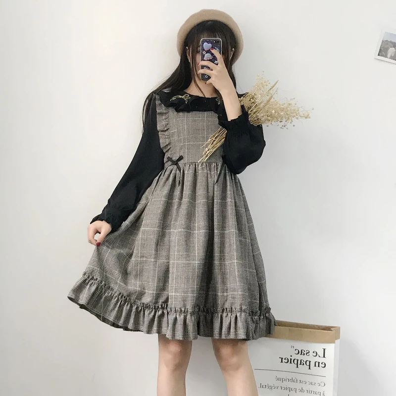 Осенне-весеннее женское винтажное платье в японском стиле без рукавов, клетчатое платье Harajuku для студентов колледжа, милое платье лолиты Kawaii