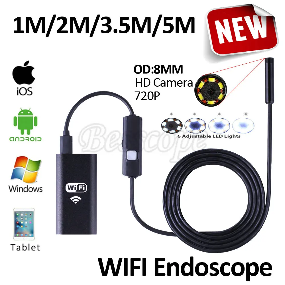 

8mm HD720P Wireless WIFI Endoscope Camera 5M 3.5M 2M 1M USB HD Waterproof Camera for Andoird Iphone Windows Phone PC Borescope