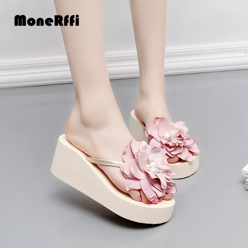 

MoneRffi Summer Woman's Hibiscus Flower Slippers Sliders Wedges Flip Flop Sandals Platform Non-slip Beach Shoes Ladies Mujer New