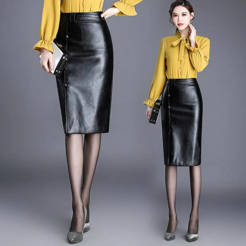 

Winter Autumn Office Lady Woman High Waisted Single Breasted Black Pu Leather Pencil Skirt , 4xl Slim Skinny Skirts For Women