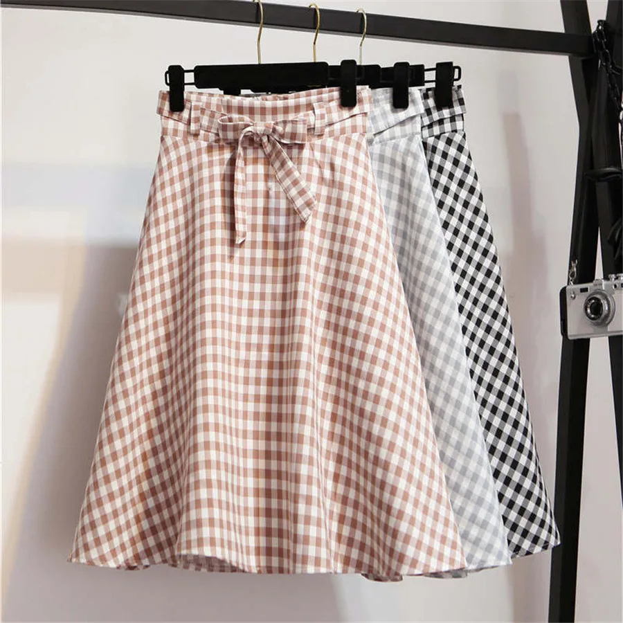 

2018 New Spring Autumn Fashion Sashes Plaid A-Line Skirt Women Vintage High Waist Mid-Calf Skirts Office Wear Skirt Ladies Mw208