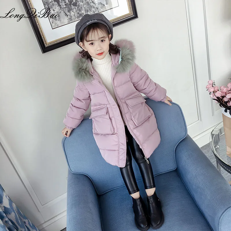 

Girls Ocean two-tone real fur collar coat 2018 new winter coat children's long thick Korean version of the girl's coat in the bi