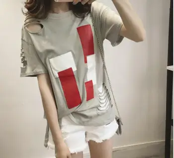 

2018 Korean Casual Top Hole T Shirt Hollow Patchwork Geometric Women Half Sleeve Tee Contrast Color camisas femininas FY006