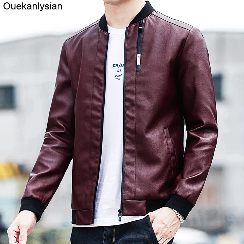Ouekanlysian Mens Mandarin Collar Solid Red Faux Leather Jacket Zipper