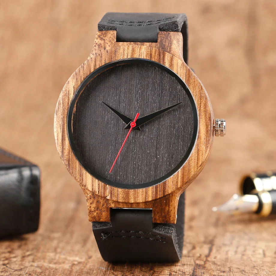 Top Men's Wooden Watches High Quality Black Handmade Natural Wood Bamboo Quartz-watch No Number Face Chic Second Hand Clock Male (22)