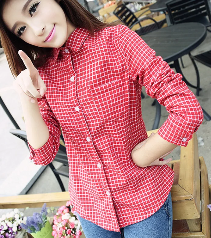 Plaid Women Shirt 2015 Spring Autumn Slim Retro Plaid Shirts Plus Size