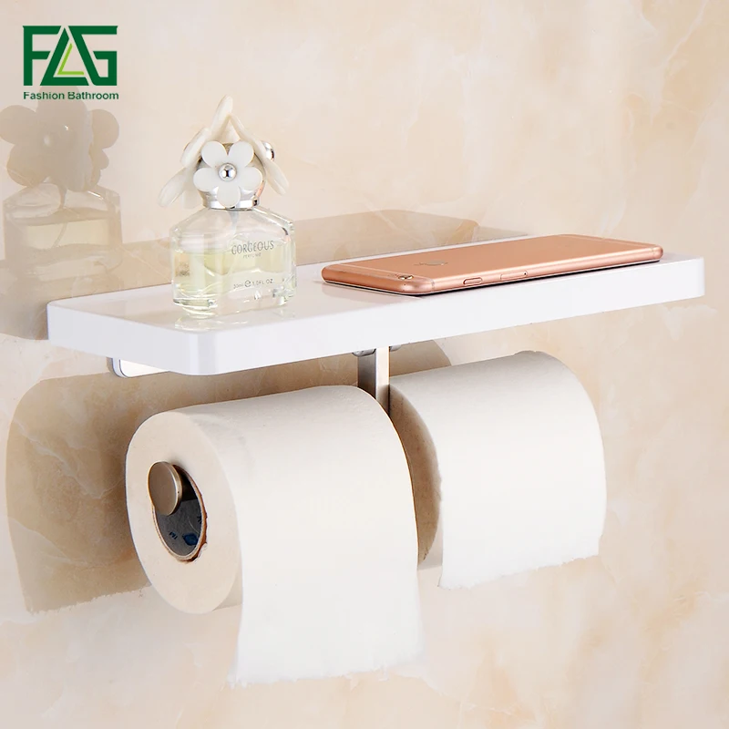 FLG Wall Mounted Toilet Paper Holder with White ABS Shelf & Stainless