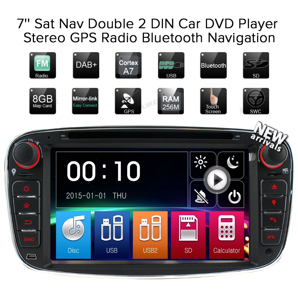 Top A-Sure 2 Din Car Radio Player GPS Navigation For Ford Focus Galaxy S-Max C-Max Mondeo Kuga RDS SWC Bluetooth CD DVD USB 1