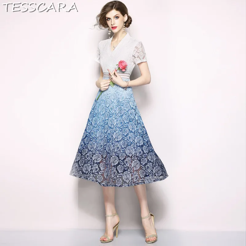 

TESSCARA Women Summer Elegant Lace Dress Festa Female High Quality Fashion Designer Long Party Vestidos Retro Vintage Robe Femme
