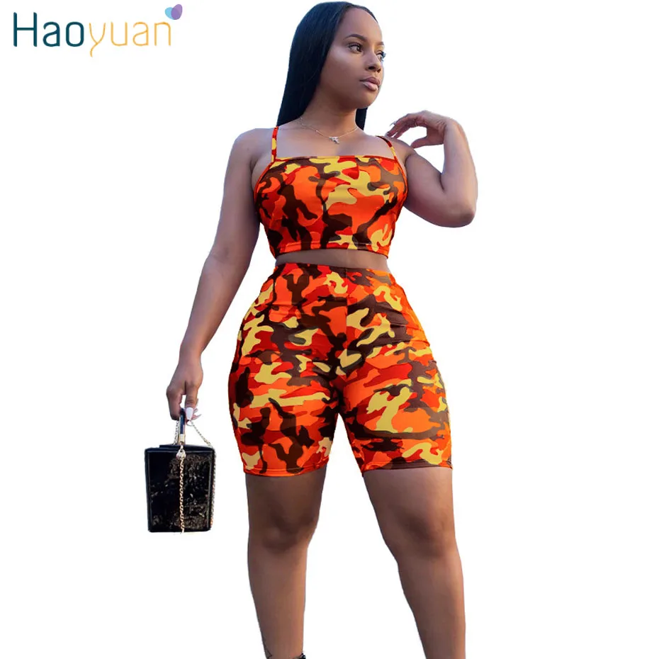 HAOYUAN التمويه طباعة اثنين من قطعة مجموعة المحاصيل أعلى و السائق السراويل زائد حجم عارضة بذلة رياضية رياضية 2 قطعة وتتسابق ل النساء