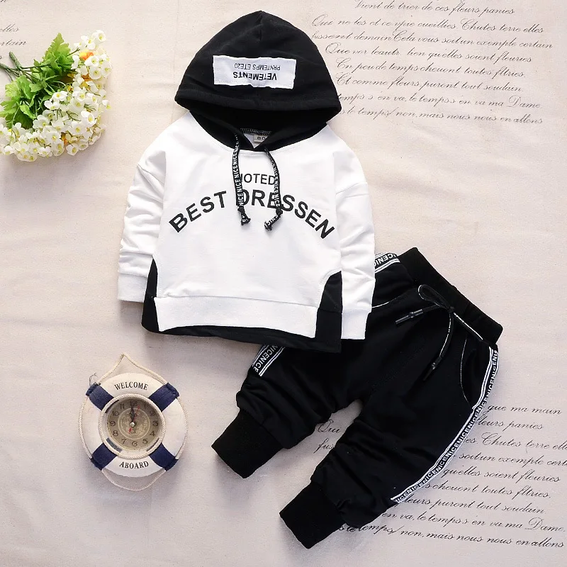 Baby Hoodie Set Fashion Boys& Girls Hooded Hoodies+ Pants 2PCS Infant Outfits Kids Bebes Jogging Suits Sportwear Tracksuits - Цвет: Белый