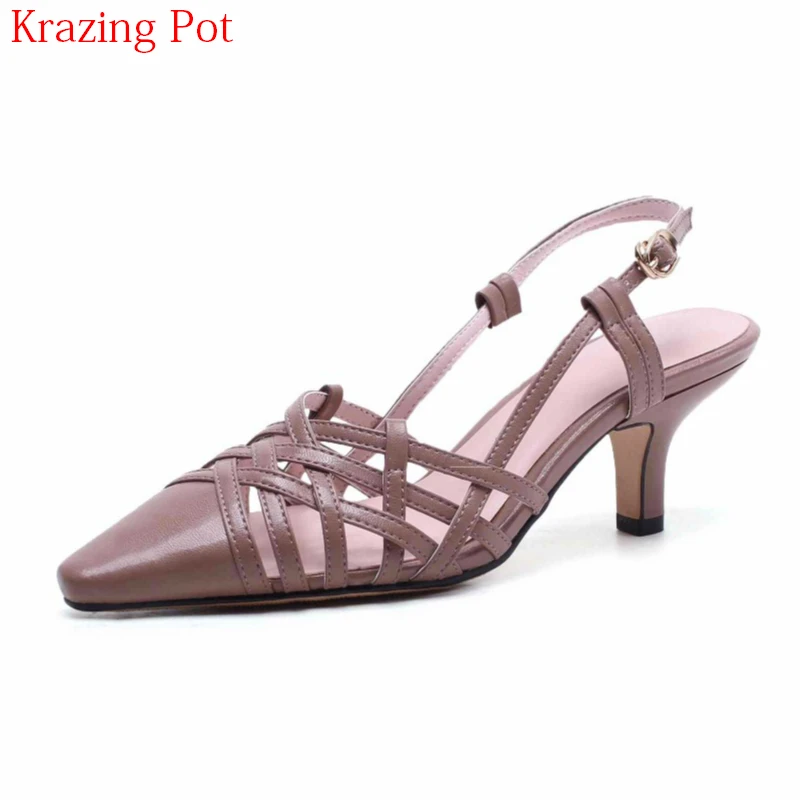 

2018 Fashion Genuine Leather Pointed Toe Gladiator Hollow Solid Summer Shoes Girl Preppy Style Slingback Brand Women Sandals L11