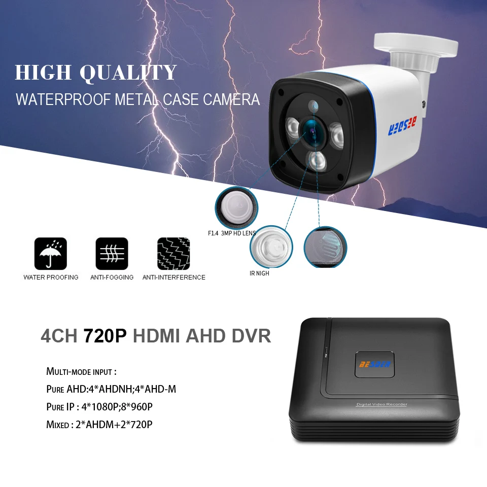 Система видеонаблюдения BESDER 4CH HD 720 P AHD DVR 4 шт. 1 0 МП уличная инфракрасная камера 1200