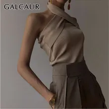 GALCAUR, сексуальный Однотонный свитер без рукавов для женщин, Холтер с открытыми плечами, тонкий вязаный Топ, женская модная одежда, летняя Новинка