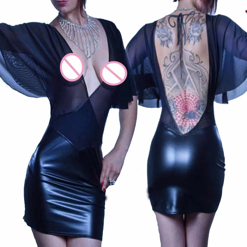Black Club Dress For Women Mesh Vinyl Leather Patchwork Dress Sexy Backless Deep V-neck Mini Bodycon Nightclub Dresses Vestidos 