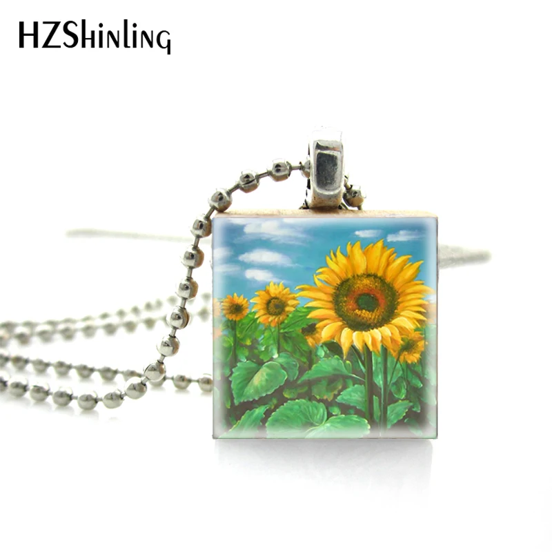 

New Fahsion Vintage Sunflower Paintings Glass Art Photos Scrabble Tile Pendant with Silver Ball Chain Included