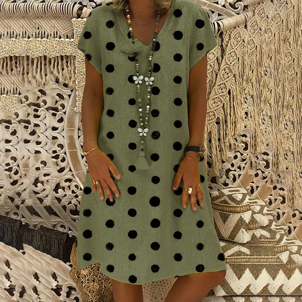 Женское летнее платье, Дамское модное пляжное платье в горошек с v-образным вырезом и коротким рукавом, летние вечерние платья, vestidos verano, Прямая поставка