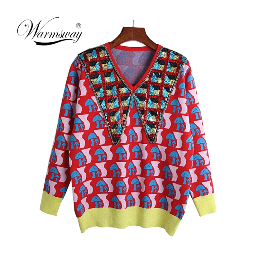 High Quality Wool Blend Sweater for Women Winter Turn Down Collar Sequins Beading Mushroom pattern Warm Knitted Pullovers C-384