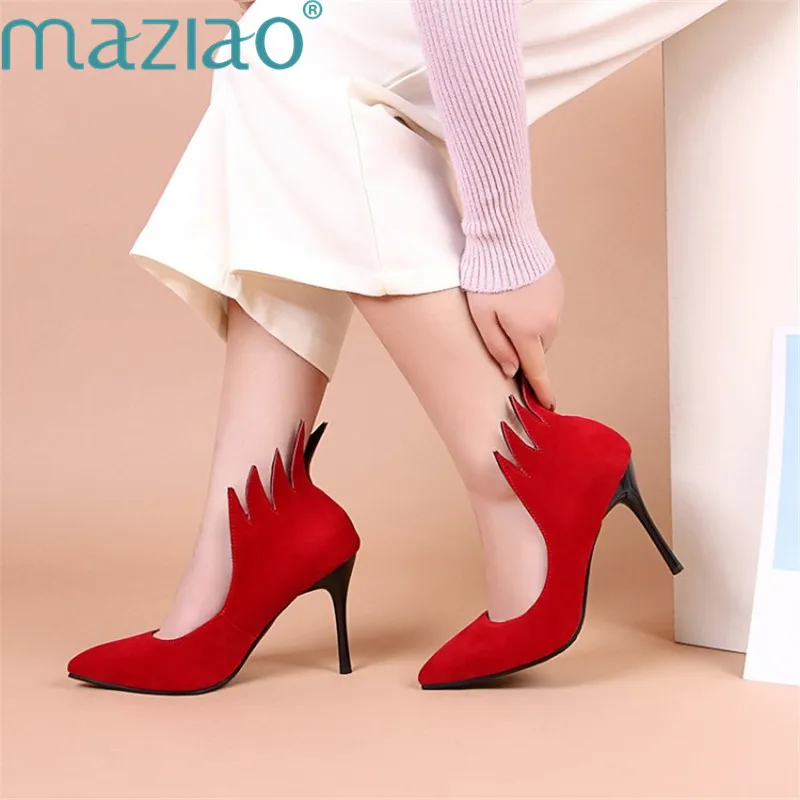 

Female Shoe Suede Pointed Toe Fine Heels Non-slip Rubber Sexy Red Party Wedding Women Shoes Genuine Leather Elegant Shoes MAZIAO