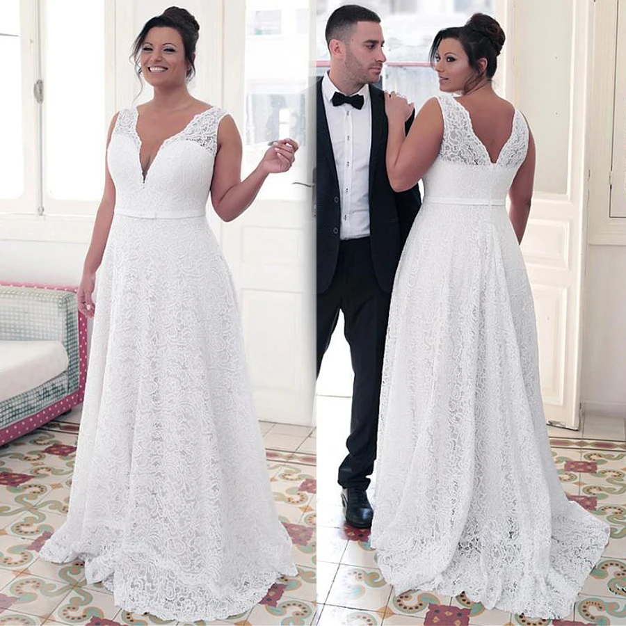 

Lace V Neckline A-line Plus Size Wedding Dresses 2019 With Bowknot White Ivory Lace 26W Bridal Gowns Custom Made