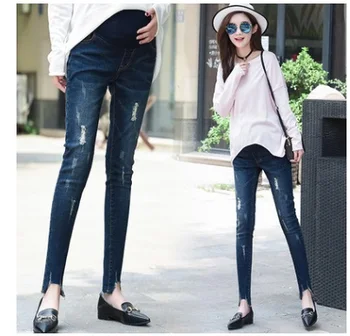 

2019Maternity Pregnancy Skinny Trousers Jeans Pants Elastic pregnant women's feet stomach lift pants stretch lift denim pants
