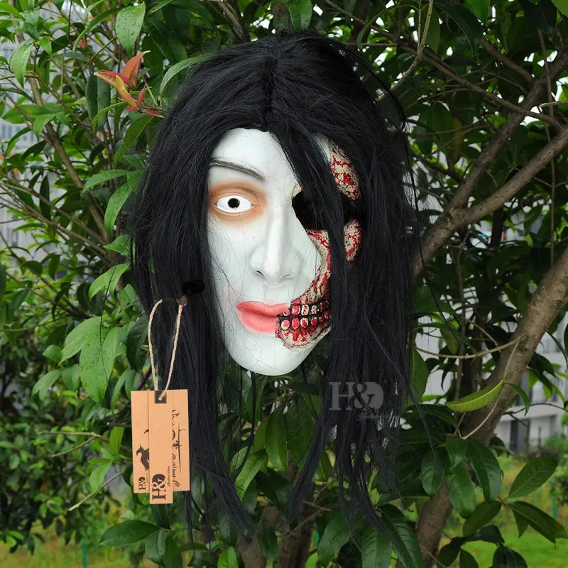 Latex Scary Long Black Hair Disfigured Full Mask Cosplay Ghost Adult Party Mask Halloween Props Masquerade Fancy Dress Costume  (2)