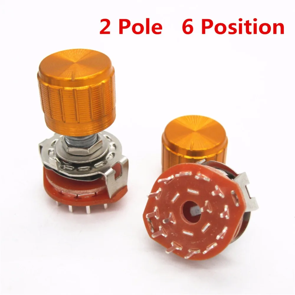 

2pcs High-quality Shaft Panel Mount 2P6T Rotary Switch Selector Band 2 Pole Position 6 RS25 +2pcs yellow aluminium alloy knob