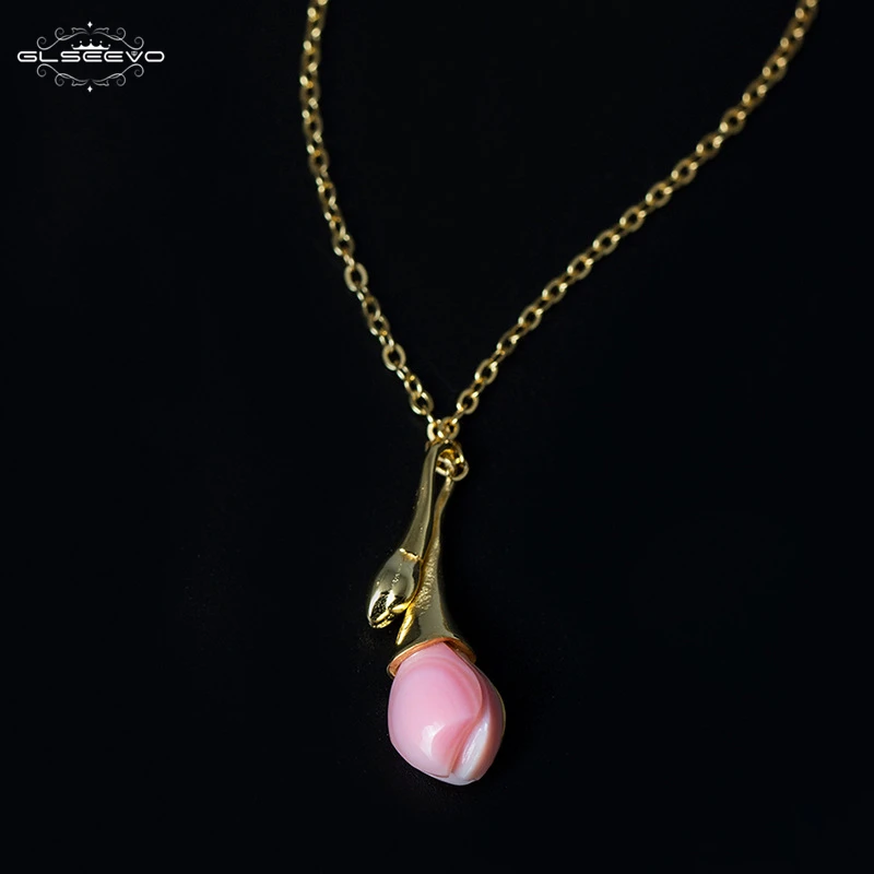 

GLSEEVO Pink Magnolia Flower Queen Shellfish Necklaces & Pendants For Women 925 Sterling Silver Chain Necklace Collares GN0021