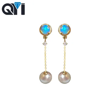 

QYI Akoya Pearl Earrings Natural Round Blue Opal Real Diamond 18K Yellow Gold Earrings For Woman Wedding Jewelry