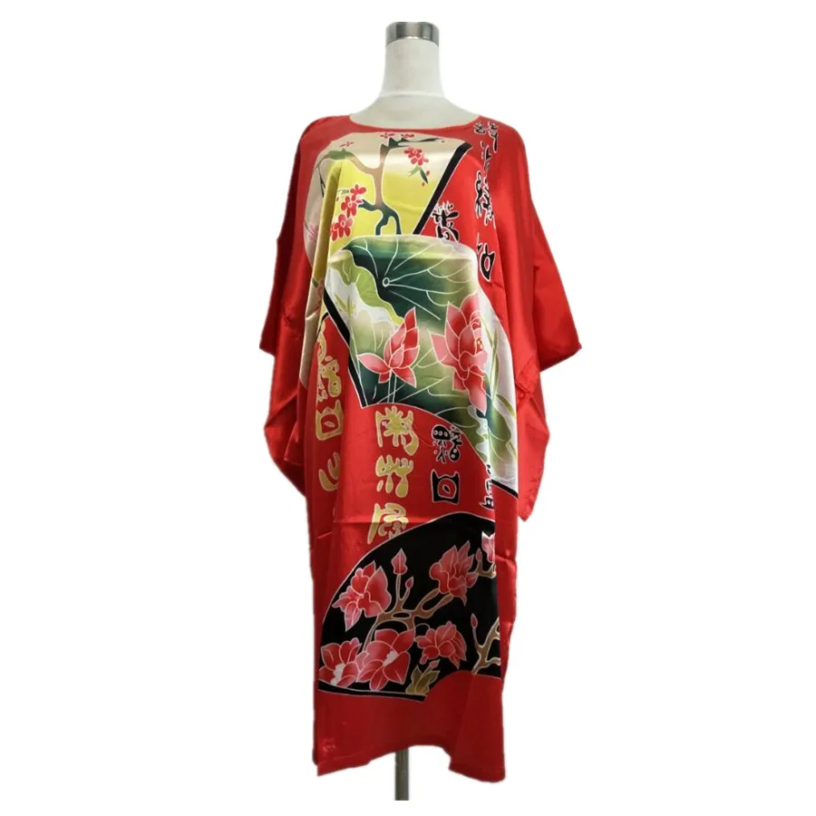 

Hot Sale Red Size Female Faux Silk Bath Robe Gown Summer Lounge Looose Sleepwear Print Nightdress Women Sexy Nightgown