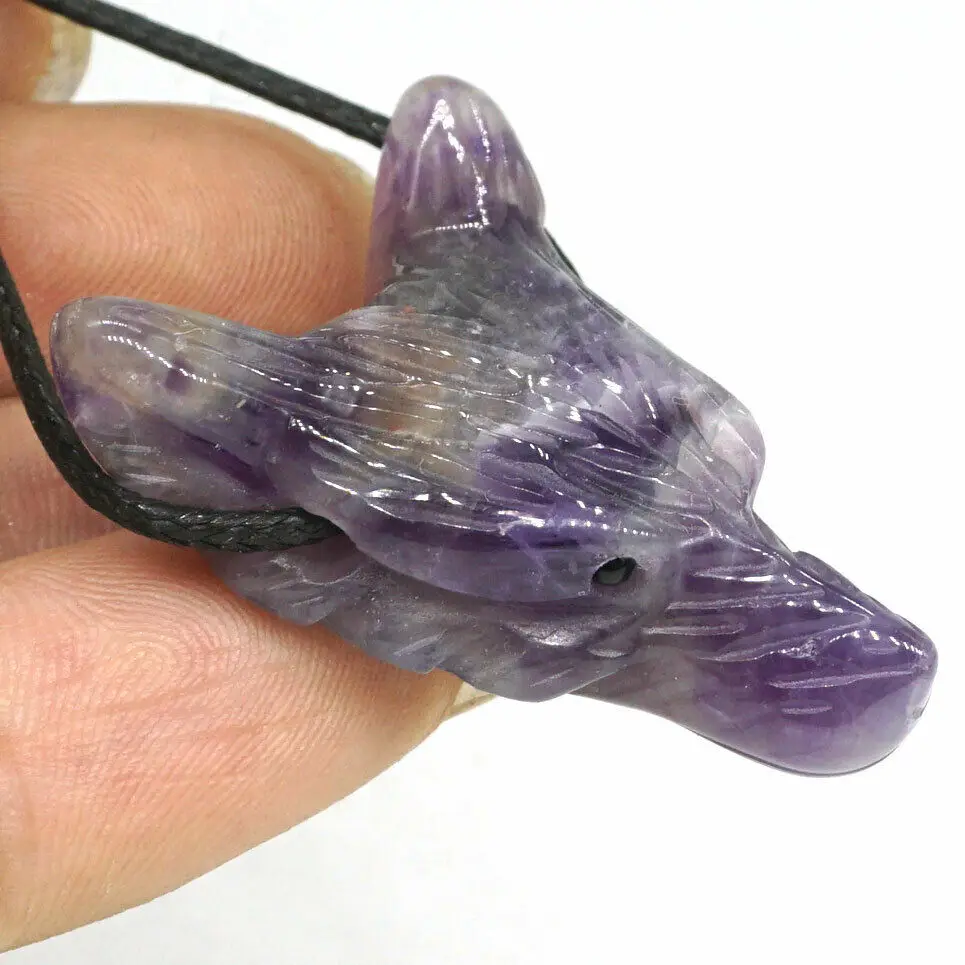 

Wolf Head Pendant 1.4" Natural Amethyst Necklace Fashion Jewelry Stone Caving