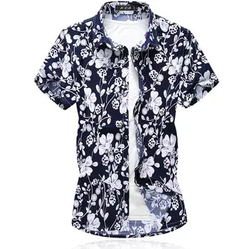 

Flower Blouse Men Shirt Floral Hawaiian Shirt Mens Clothing Casual Beach style Summer Slim fit Navy New