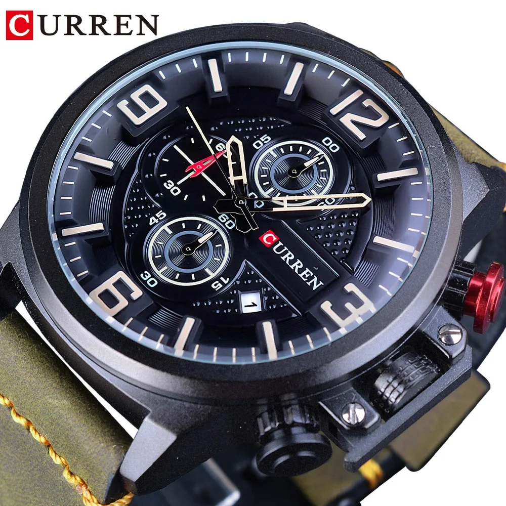 

CURREN Green Military Chronograph Waterproof Three Dial Calendar Mens Sports Watches Top Brand Luxury Quartz Creative Male Clock