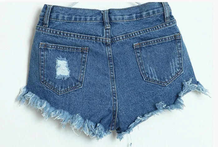 Популярные летние винтажные женские джинсовые шорты с высокой талией рваные Дырокол с бахромой на пуговицах джинсовые шорты синие светло-голубые шорты