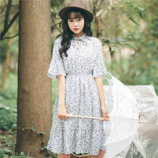 2017 Women'S Kawaii Korean Floral Print Boho Chiffon Dress Female Cute Japanese Harajuku Dresses