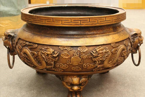

0 Marked CN Bronze Buddhism Dragon Lion Head Statue Bowl Incense Burner Censer