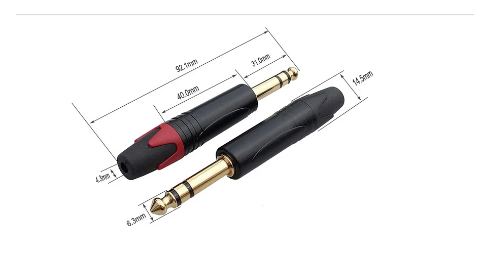 10 шт./лот, разъем 6,35 мм, 1/4 дюйма, 3 полюса, стерео штекер, трубка из цинкового сплава, позолоченный штекер, разъем для микрофонного кабеля