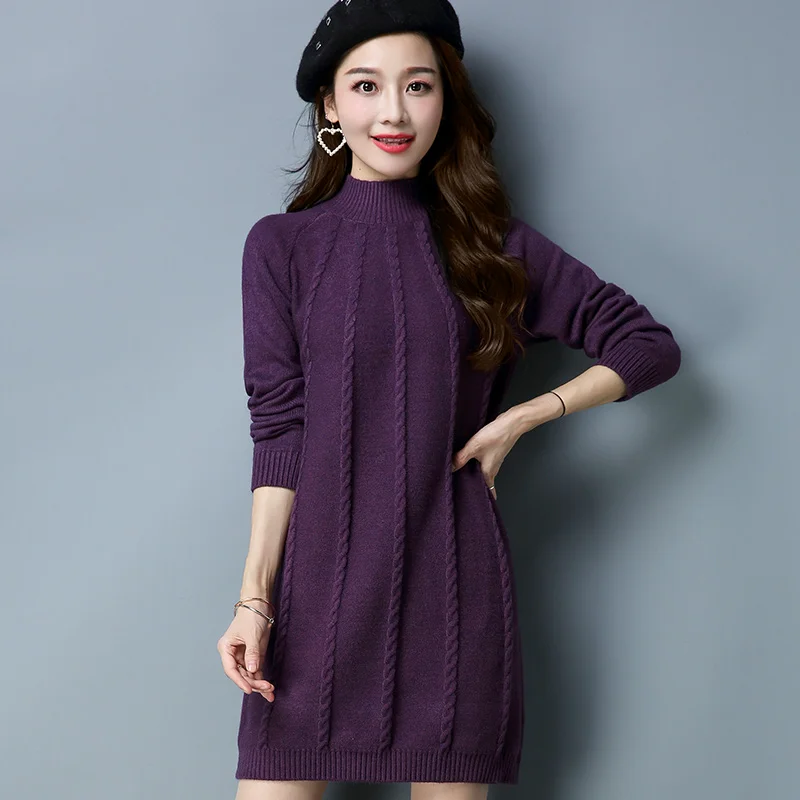 

Women Twisted Thick Long Sweater Winter Lady Turtleneck Warm Knit Dress Pullover Long Sleeve