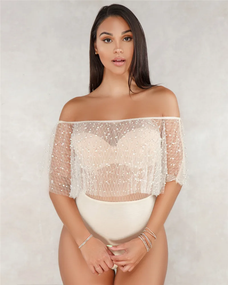 Жемчуг бисер пикантные женский костюм с сеткой с открытыми плечами See Through Bodycon комбинезон лоскутное черный элегантный ночной клуб Боди - Цвет: Хаки