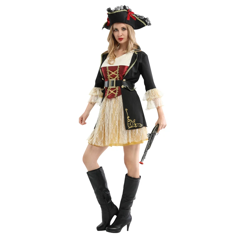 Праздник Hallween Сексуальный Женский пиратский костюм для косплея Необычные Вечерние платья реквизит для карнавала высокого качества пират с шляпой головной убор - Цвет: W-0266