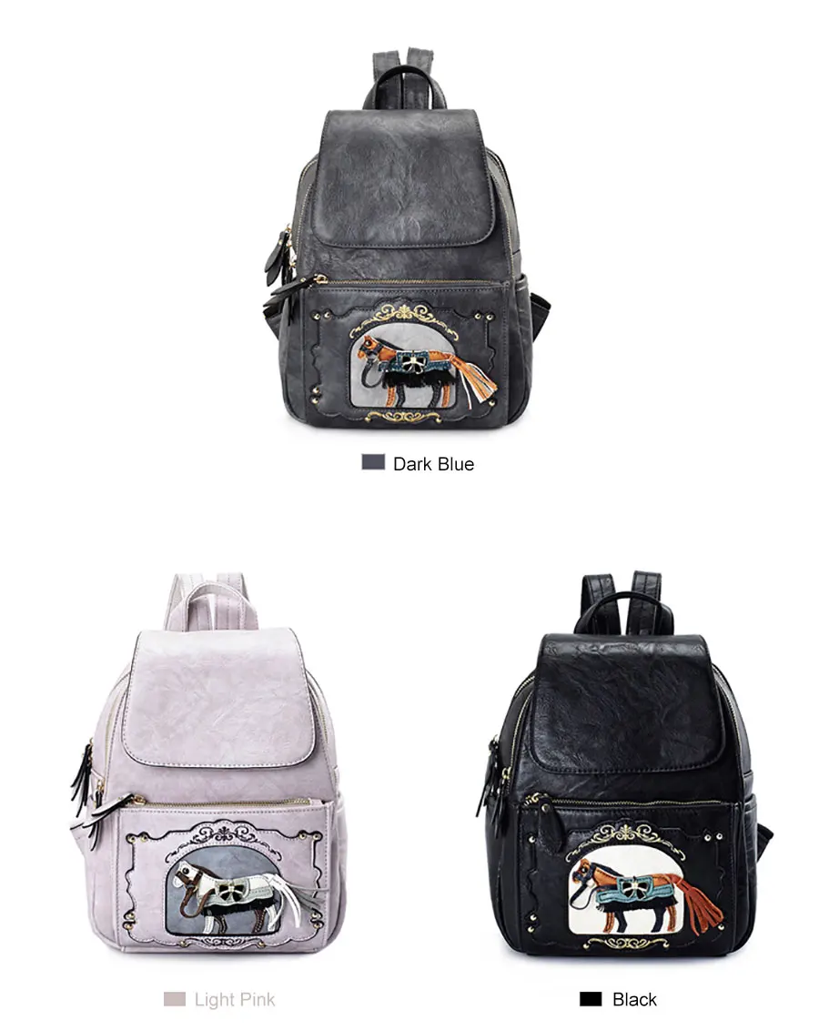 JKBW Women Backpack Fashion PU Leather Female Bags Teenager Girls School Bags Leisure Travel Bag with Cartoon Horse Decoration (5)