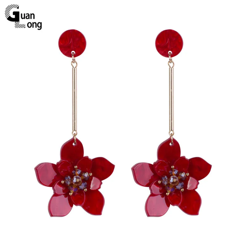 

GuanLong Trendy Dangle Fashion Acrylic Flower Earring Women Big Long Metal Dangling Red Resin Earring Female New Jewelry Brincos