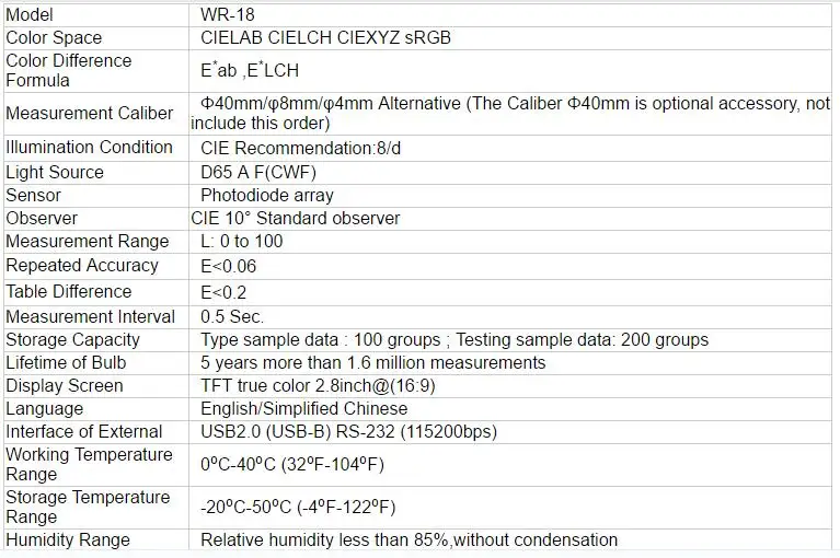 Высокоточный колориметр WR18 калибр 4 мм и 8 Цвет пространство CIELAB CIELCH CIEXYZ sRGB цвет метр Диапазон измерения L: от 0 до 100