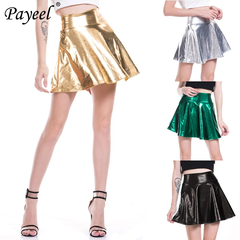 

Womens Mini Skirt High Elastic Waist Flared Pleated Summer Skirts For Women Fashion 2019 Woman Shiny Halloween Cosplay Ladies