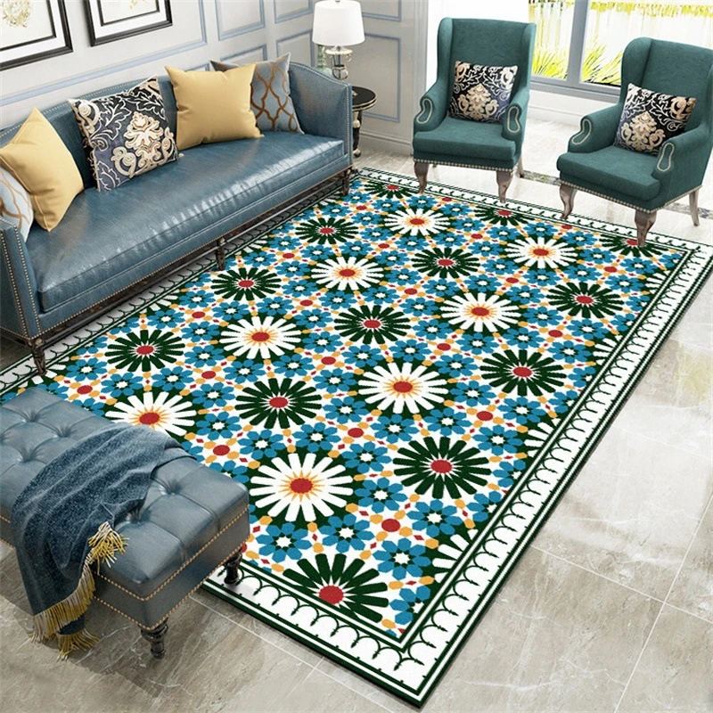 

Mediterranean Style Large Area Rugs and Carpets Blue Red Geometric Flower Tapete Living Room Bedroom Decor Non-Slip Floor Mats