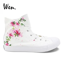 Вэнь цветы обувь розовый цветочный Ручная роспись белый холст сандалии на веревочной подошве-платформе На Шнуровке Для женщин плимсоллы высокие кроссовки
