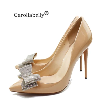 

Carollabelly High Quality Pointed Toe Women High Heels Genuine Leather Bow Shoes Rhinestones Wedding party Shoes