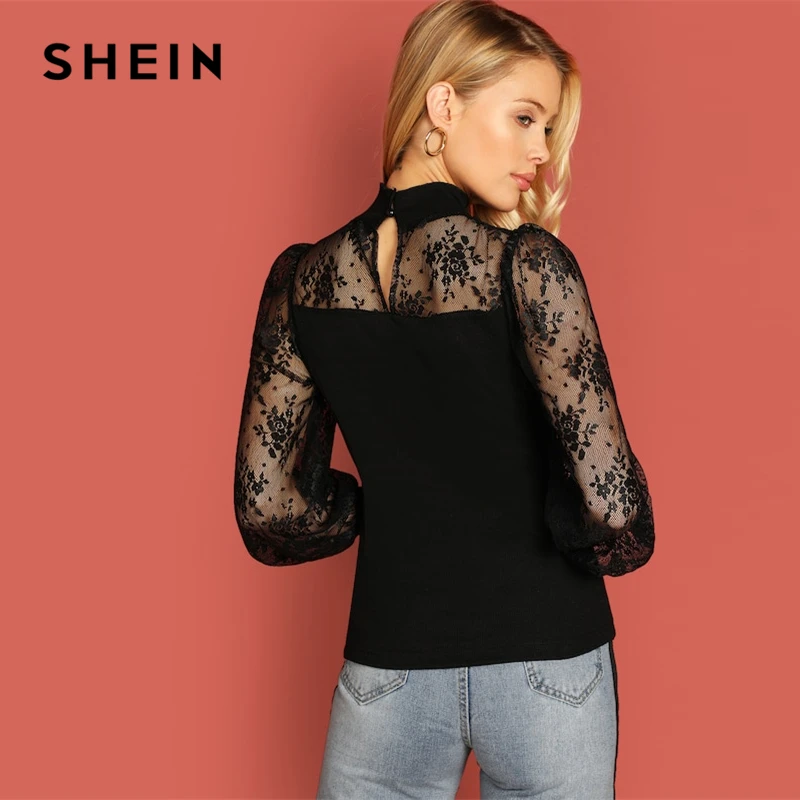 SHEIN Highstreet черная контрастная кружевная вставка ребристая трикотажная футболка со стоячим воротником Осенняя Повседневная Женская Современная Футболка Топ