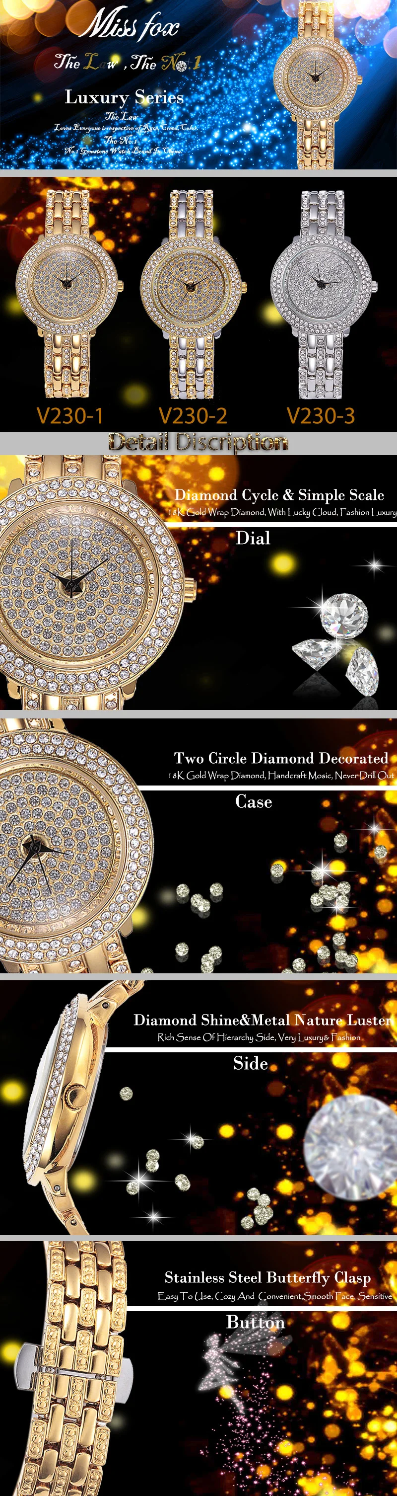 MISSFOX Miss Fox Gold Watches Women Rhinestone Quartz Black Analog Watch Female Stainless Steel Gifts for Girls Bayan Kol Saati (2)